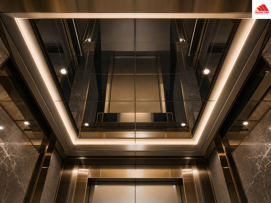 Decor trần thang máy bằng kính tráng gương
